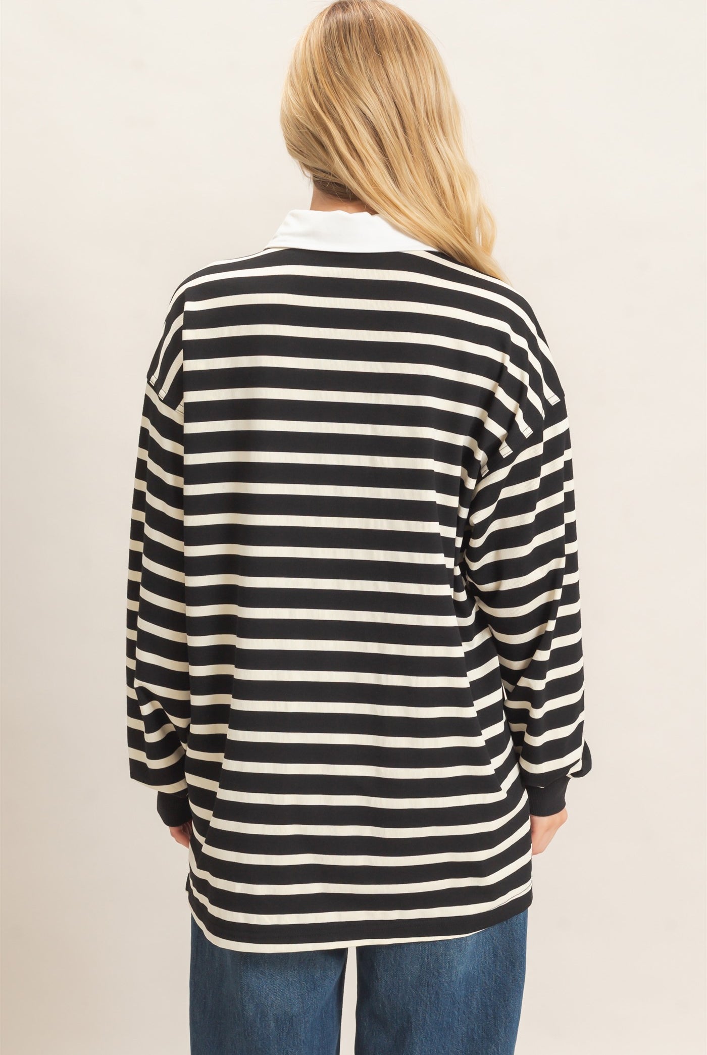Wholesale Striped Polo Long Sleeve Top Clothing Tops HF26F078 BLACK/CREAM HYFVE