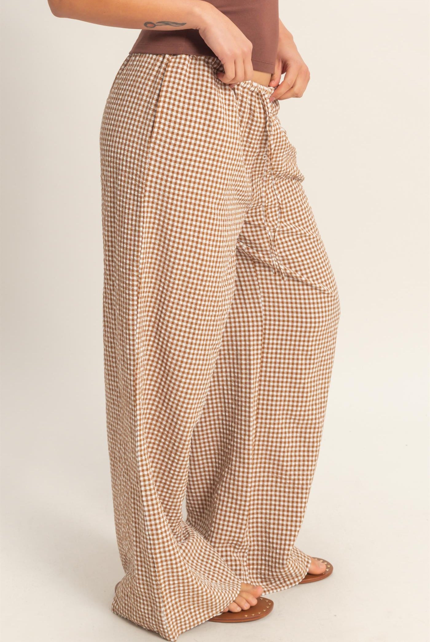 Wholesale Gingham Drawstring Wide-Leg Pants Pants DZ26C202 BROWN DOUBLE ZERO