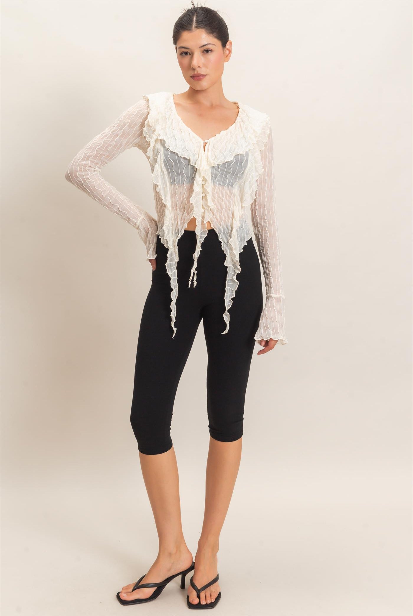 Wholesale Textured V-Neck Tie Front Top Blouses HF26F072 IVORY HYFVE