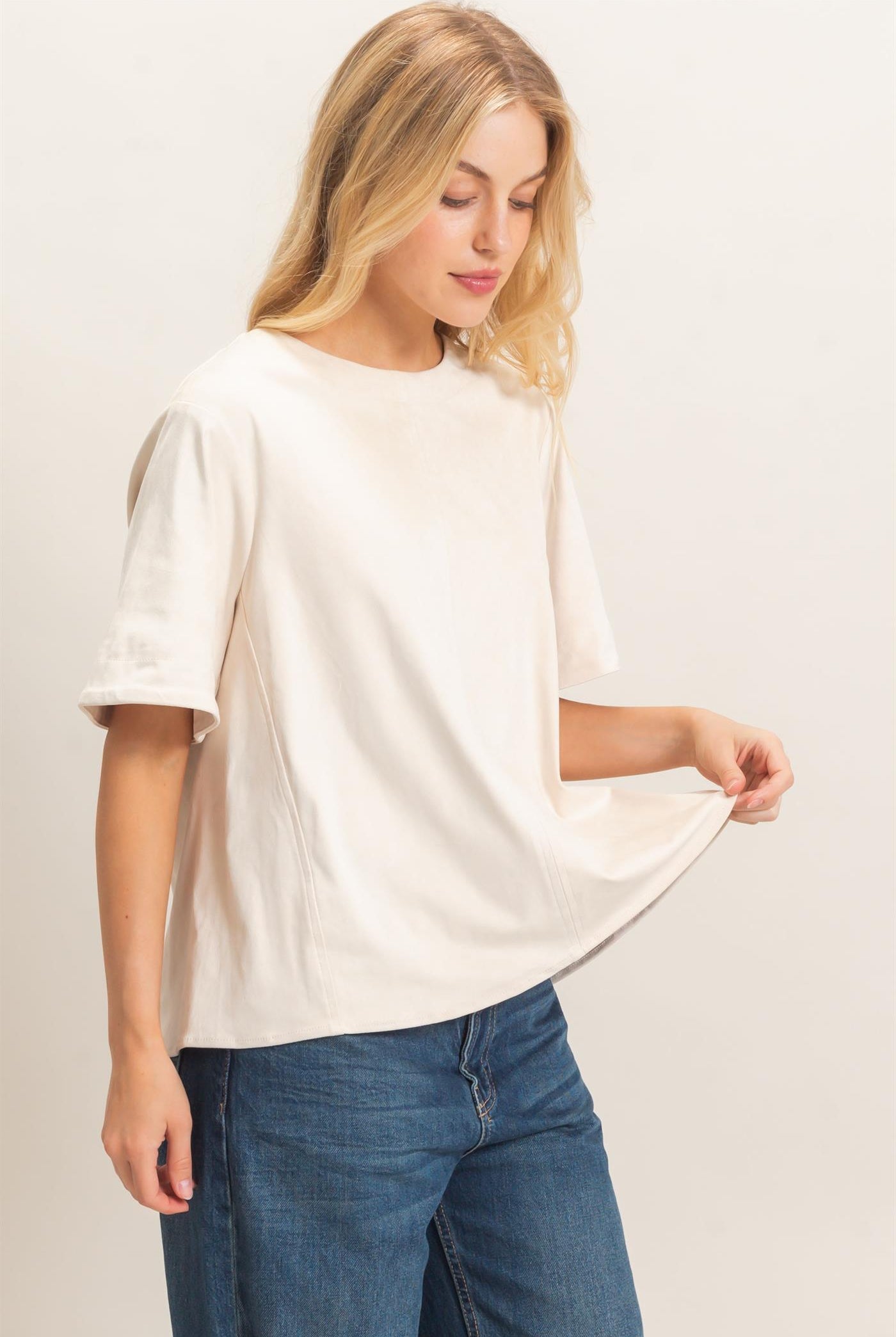 Wholesale Suede Boat Neck Top Clothing Tops HF26E351 CREAM HYFVE