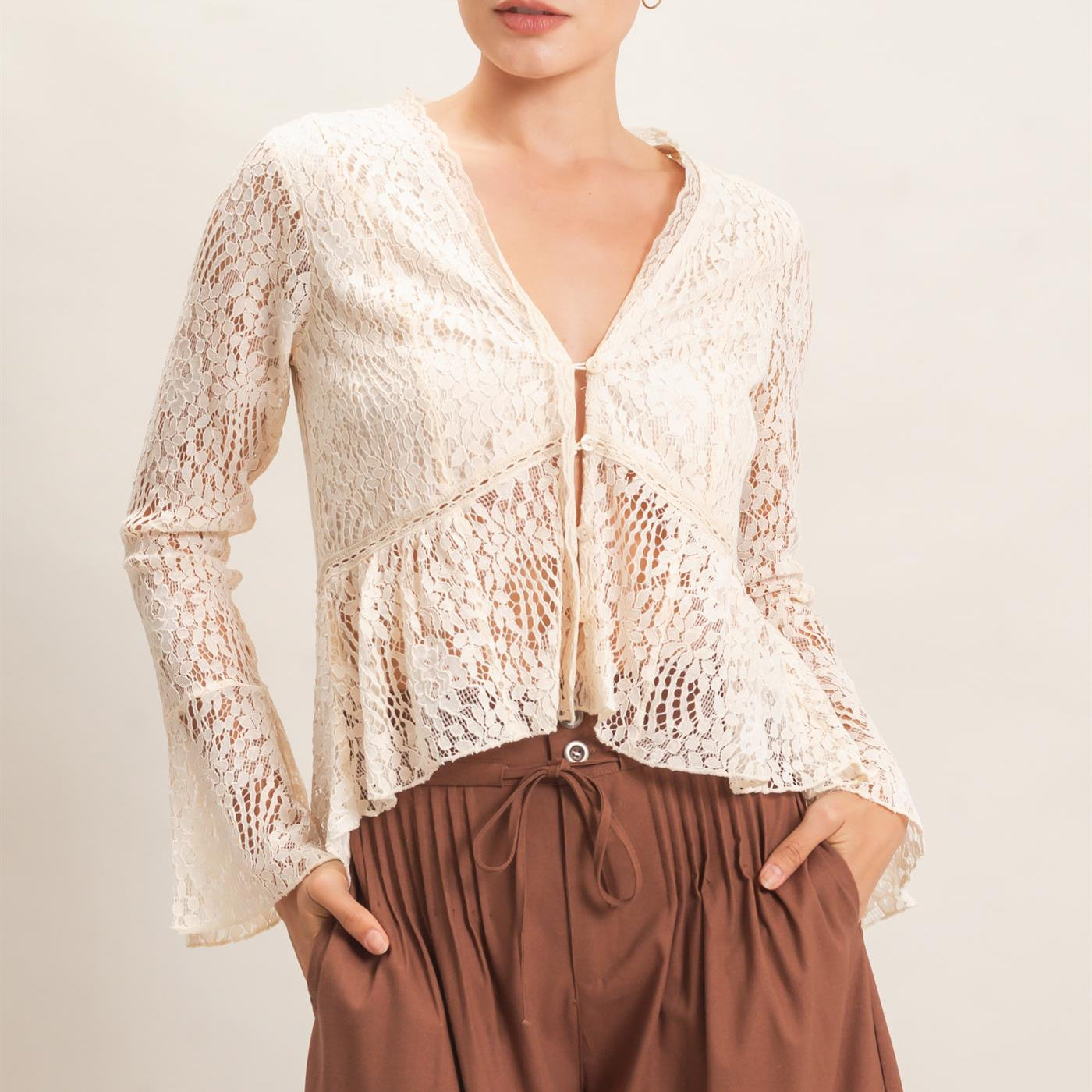 Wholesale Lace V-Neck Peplum Top Clothing Tops HF26E560 CREAM HYFVE