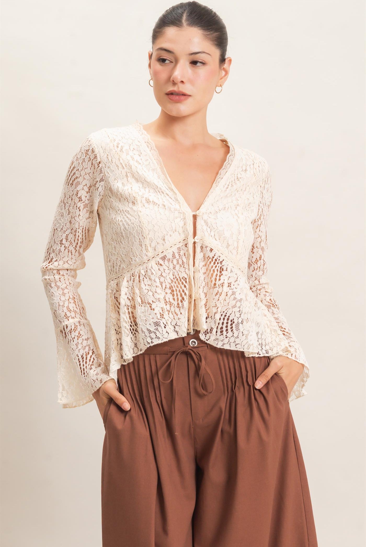 Wholesale Lace V-Neck Peplum Top Clothing Tops HF26E560 CREAM HYFVE