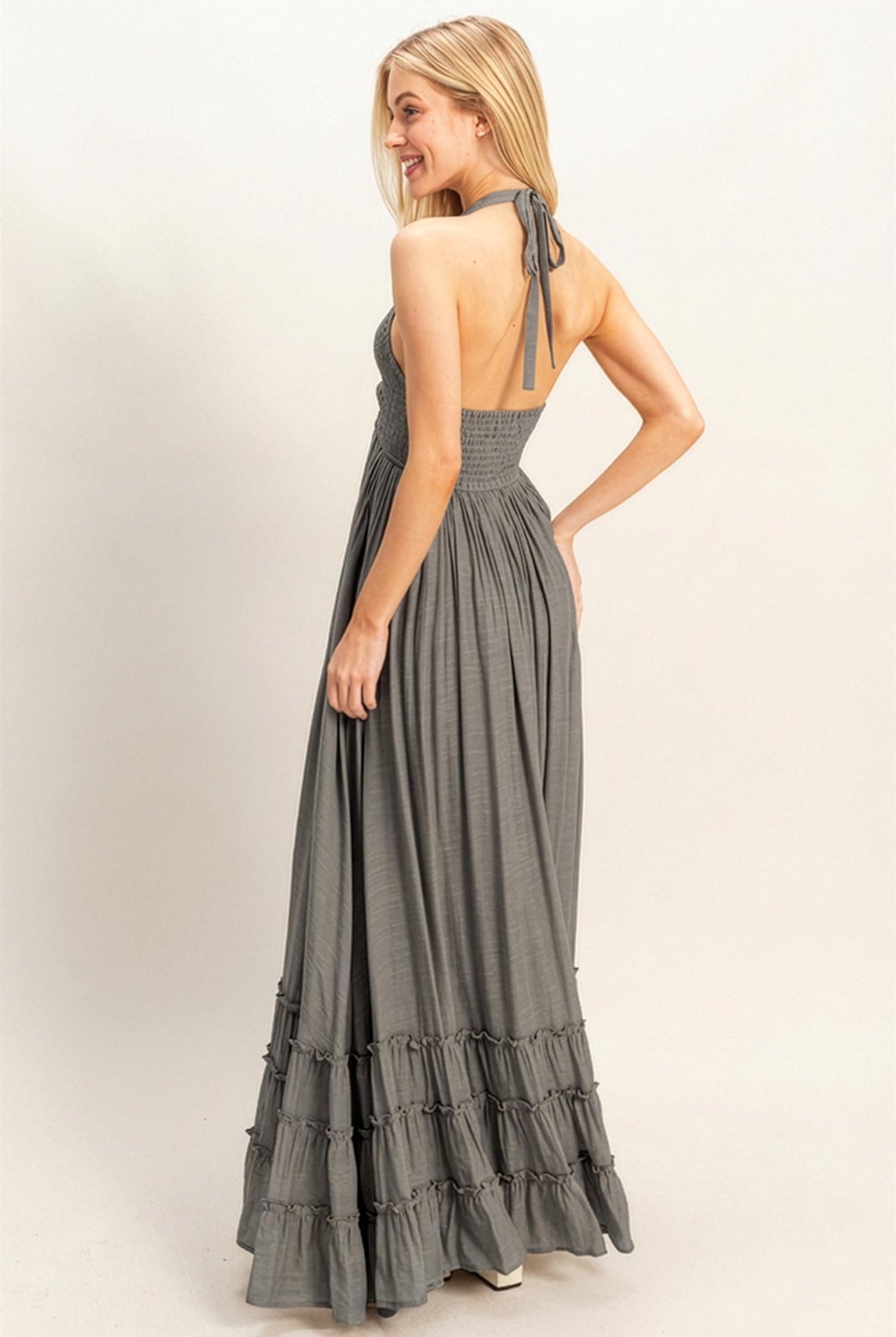 Wholesale Halter Neck Smocked Maxi Dress Dresses HF26C287-D LIGHT GRAY HYFVE