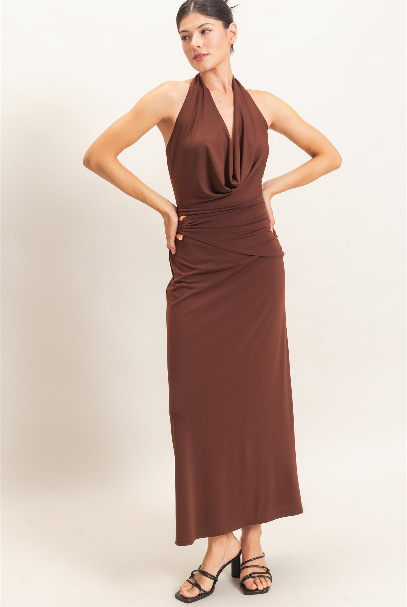 Wholesale Draped Halter Neck Dress Dresses HF26C663 CHOCOLATE HYFVE