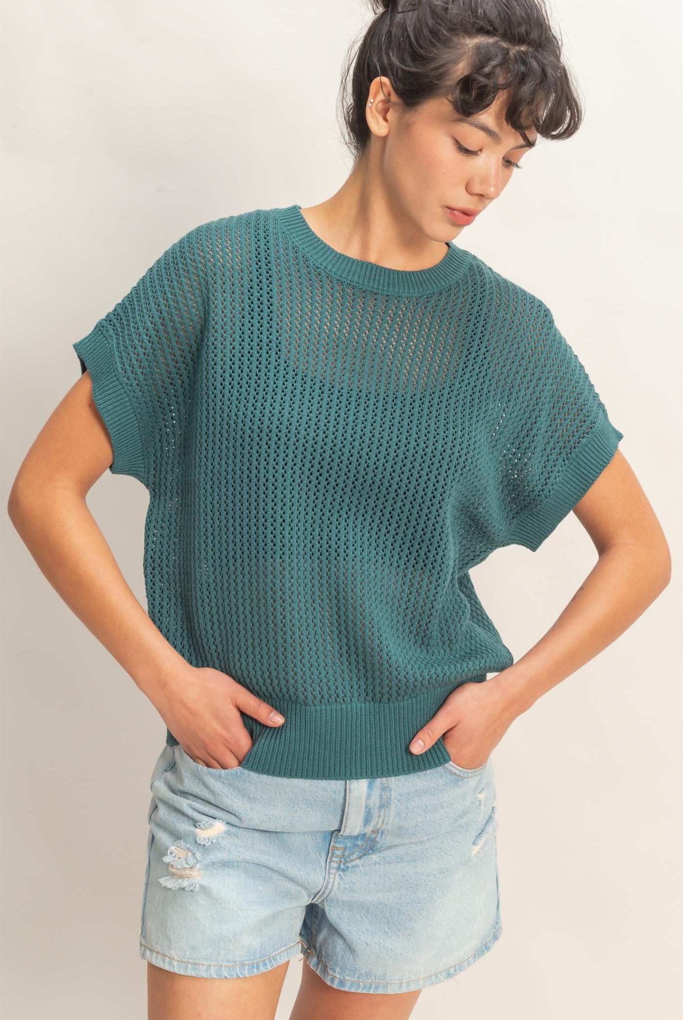 Wholesale Open-Knit Dolman Sleeve Top Clothing Tops DZ26A334 DARK TEAL DOUBLE ZERO