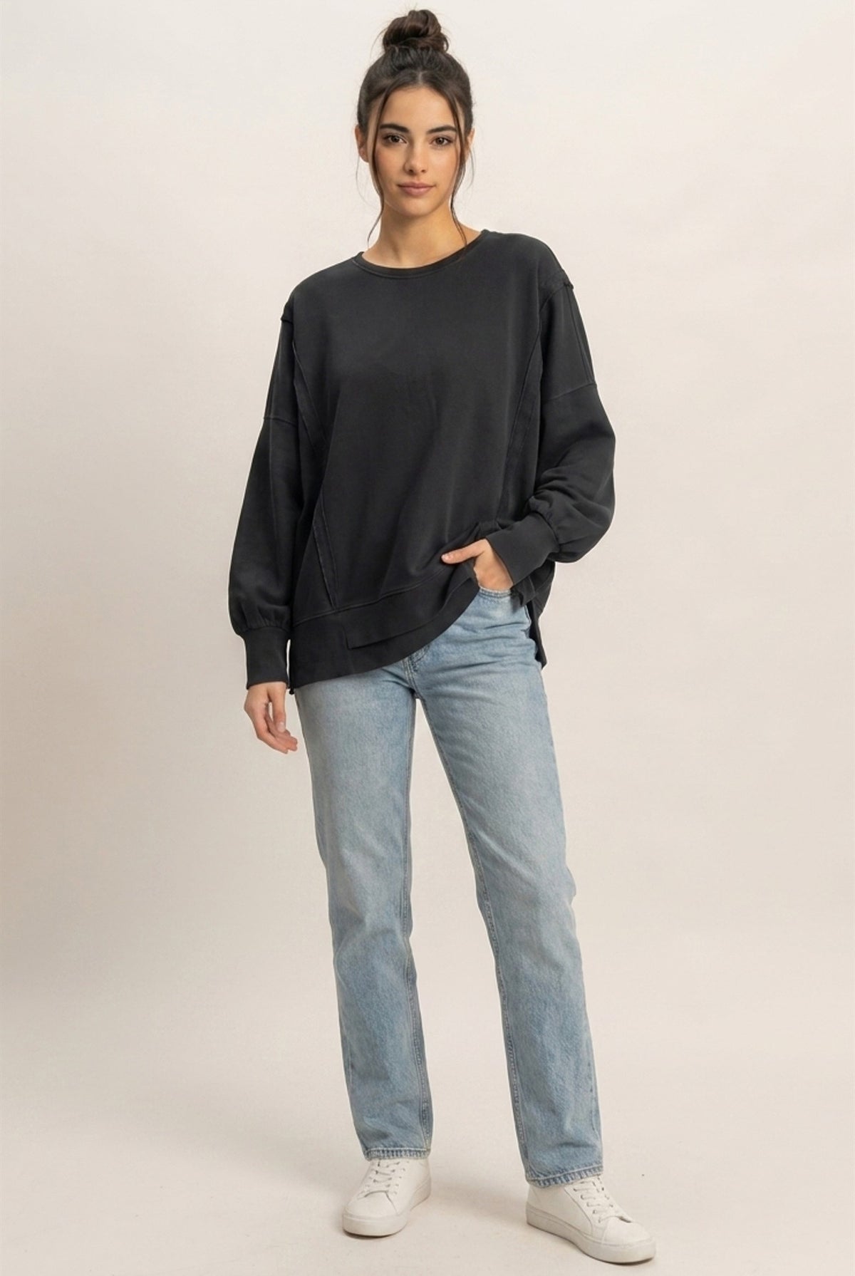 Wholesale Pigment Dye Oversized Raw Edge Sweatshirt Sweatshirts DZ26C737 BLACK DOUBLE ZERO