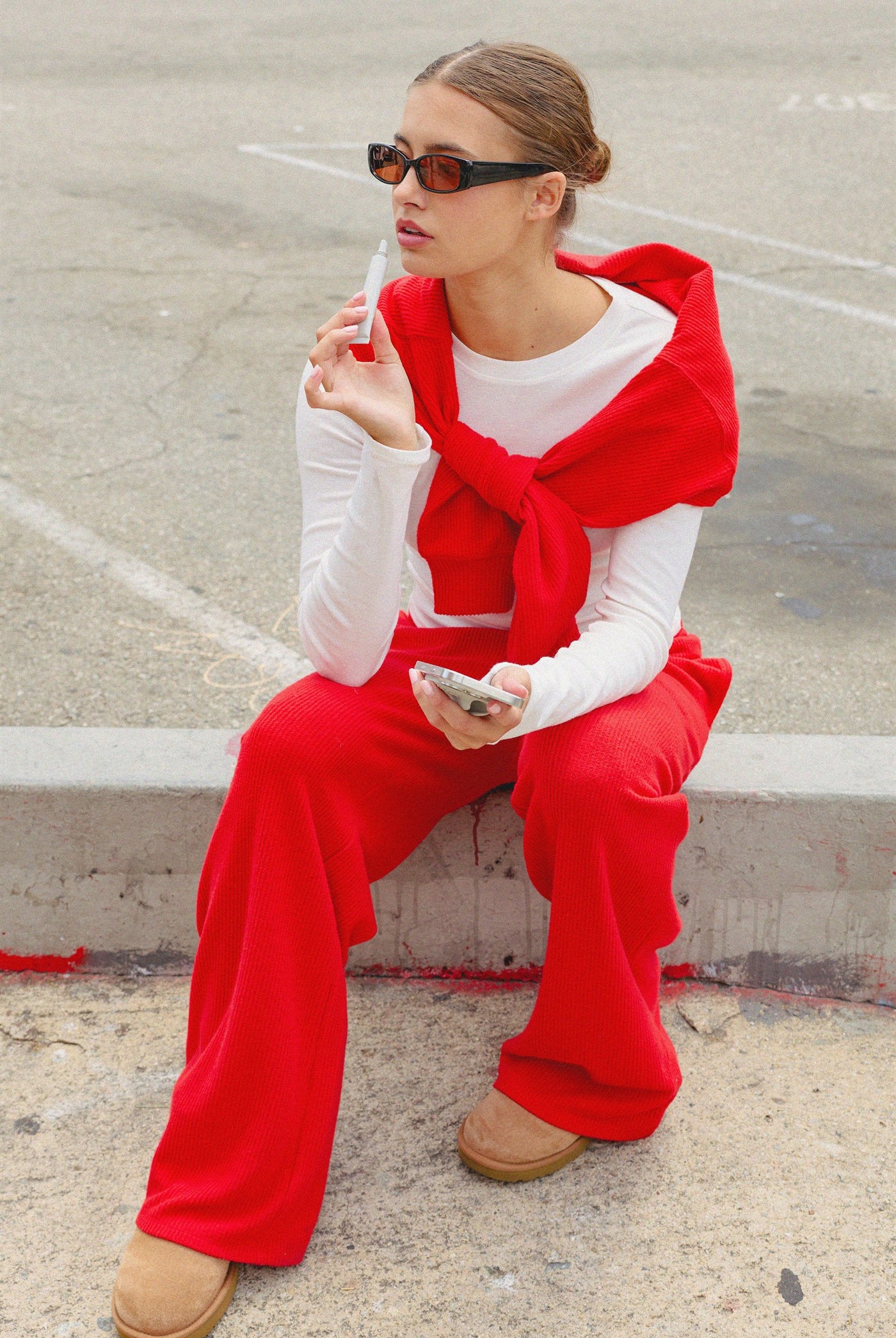 Wholesale Brushed Waffle Drawstring Pants Pants DZ26F313 RED DOUBLE ZERO