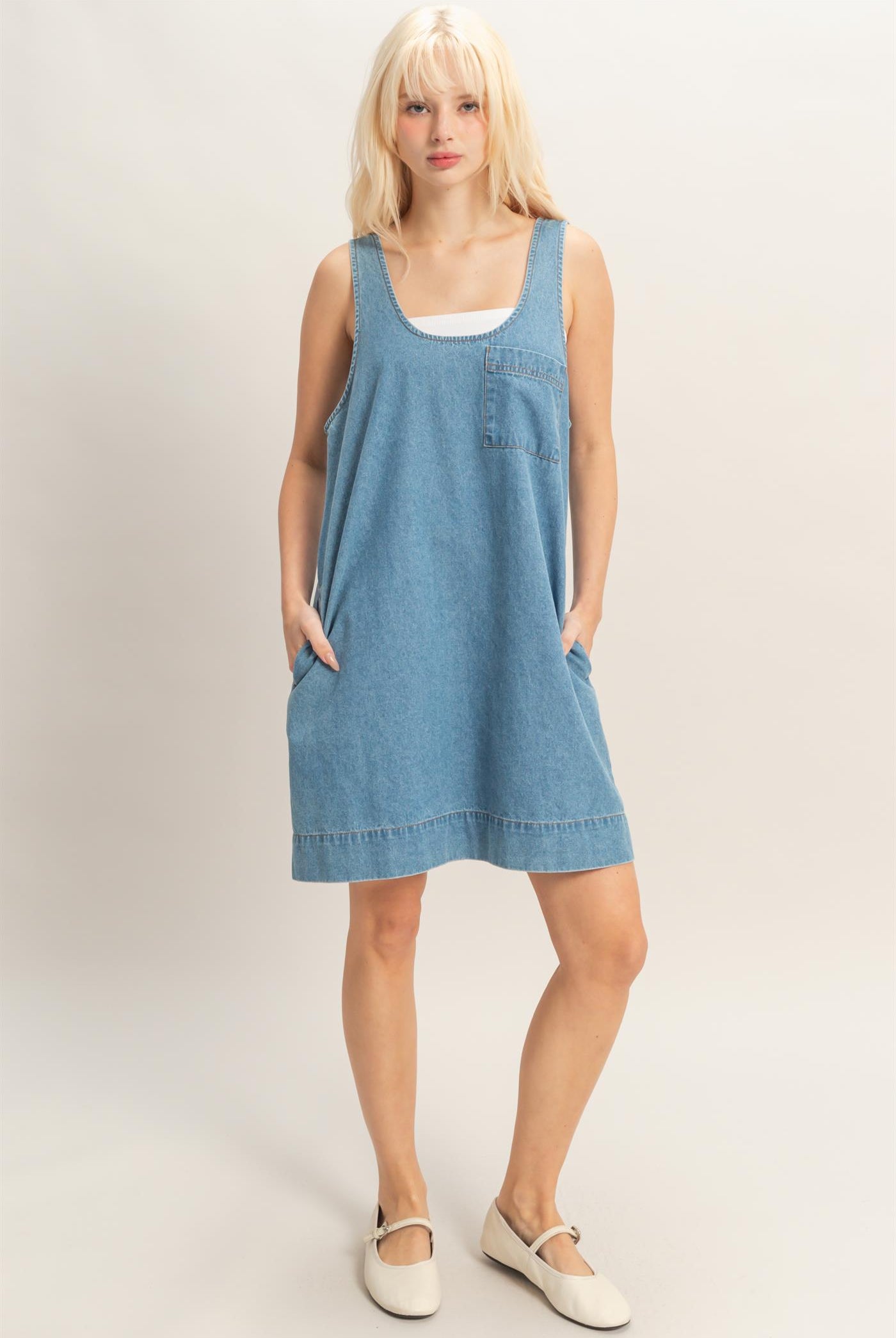 Wholesale Sleeveless Denim Shift Dress Dresses DZ26C204 MEDIUM BLUE DOUBLE ZERO