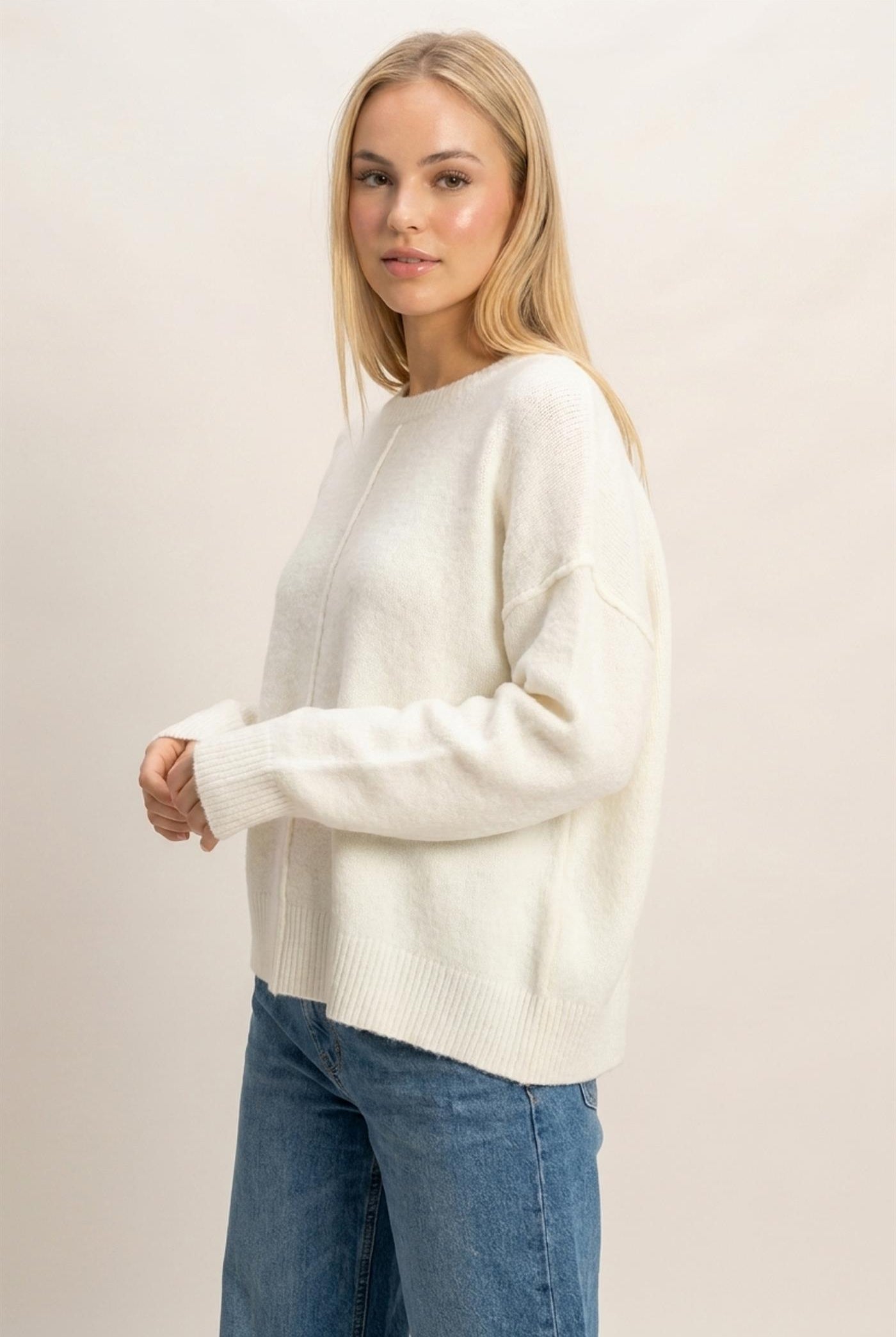 Wholesale Crew Neck Seam Detail Sweater Sweaters DZ26E240 CREAM DOUBLE ZERO