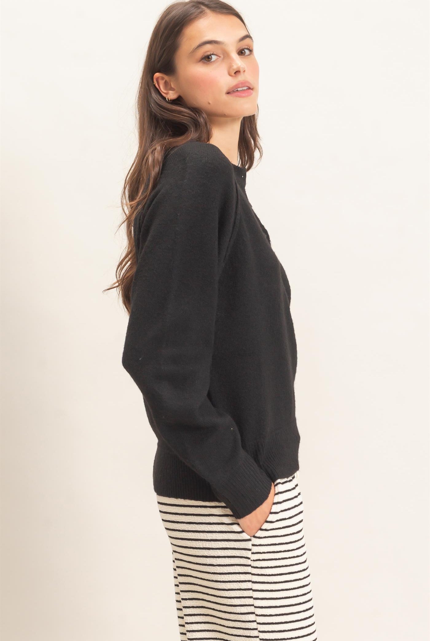 Wholesale Button Front Raglan Sweater Sweaters HF26E152 BLACK HYFVE
