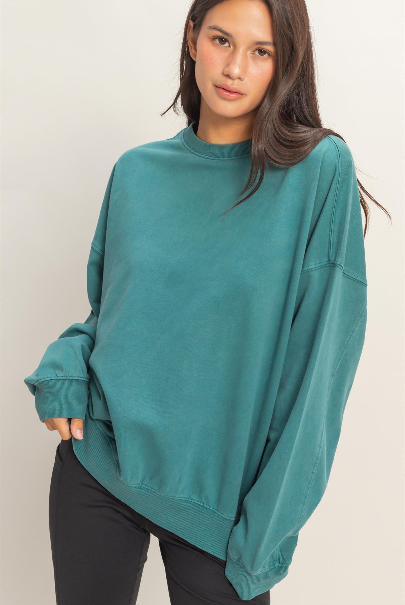 Wholesale Ribbed Crew Neck Sweatshirt Sweatshirts DZ26A265 DARK TEAL DOUBLE ZERO