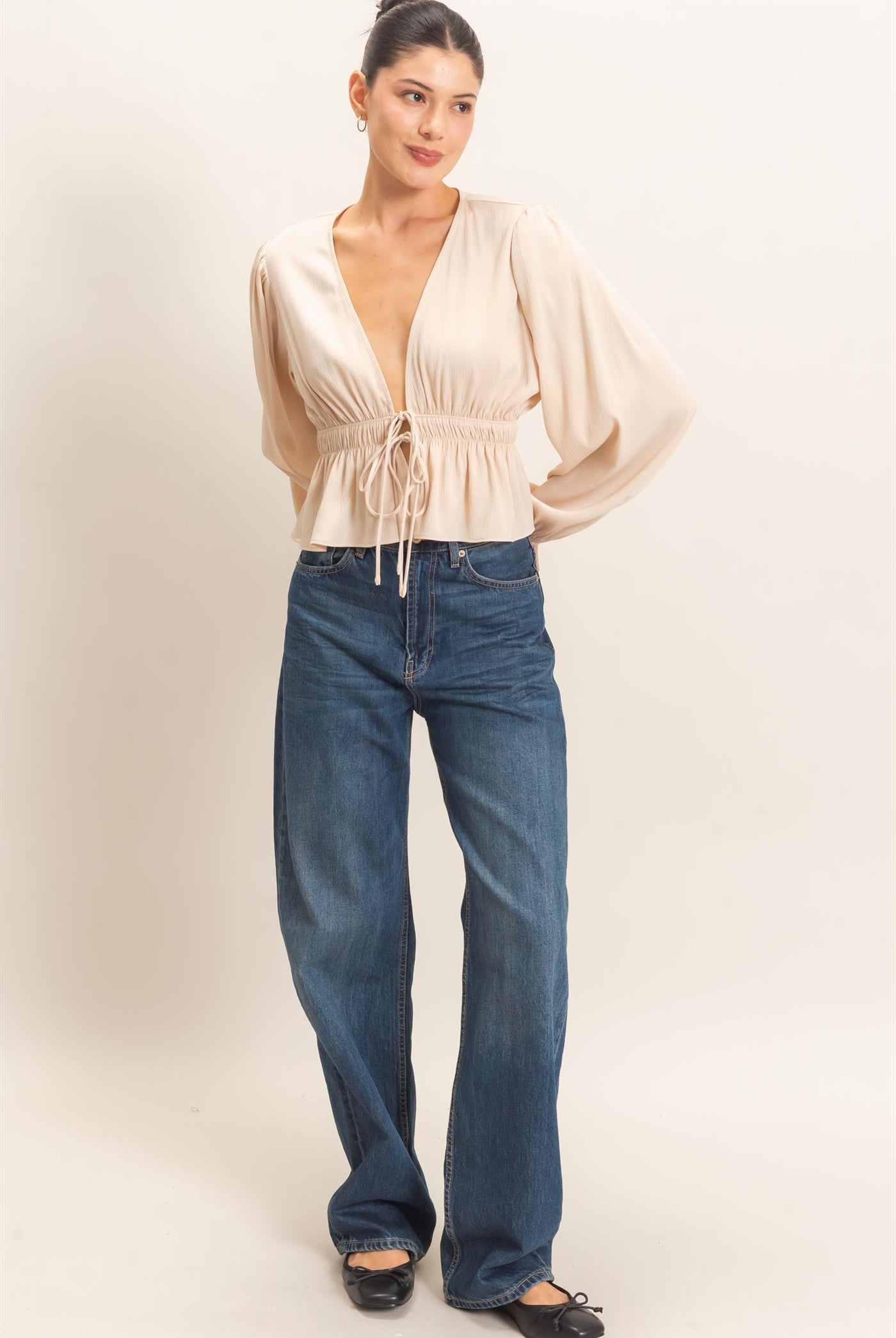 Wholesale Plunging Tie-Front Blouse Blouses HF26F082 CHAMPAGNE HYFVE