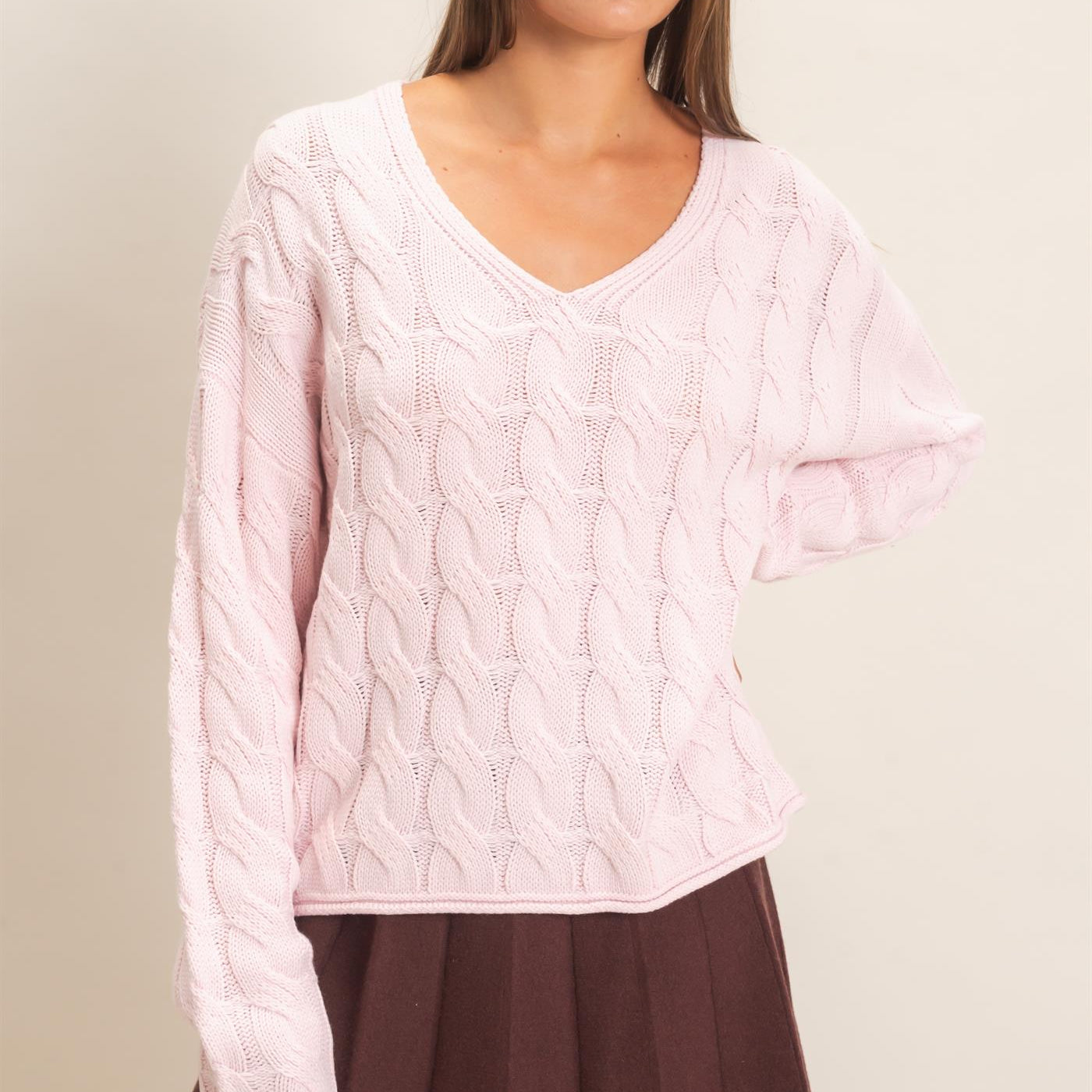 Wholesale Cable Knit V-Neck Sweater Sweaters DZ26E087 LIGHT PINK DOUBLE ZERO