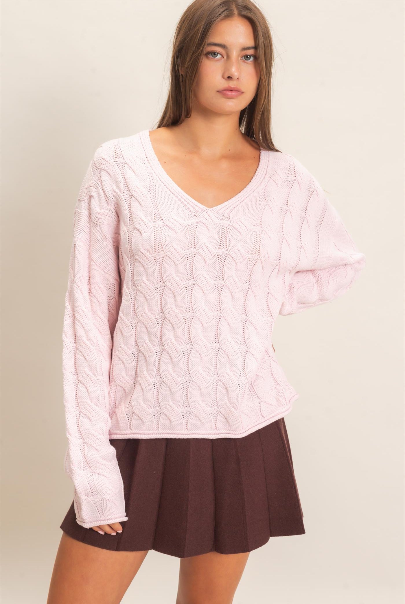 Wholesale Cable Knit V-Neck Sweater Sweaters DZ26E087 LIGHT PINK DOUBLE ZERO