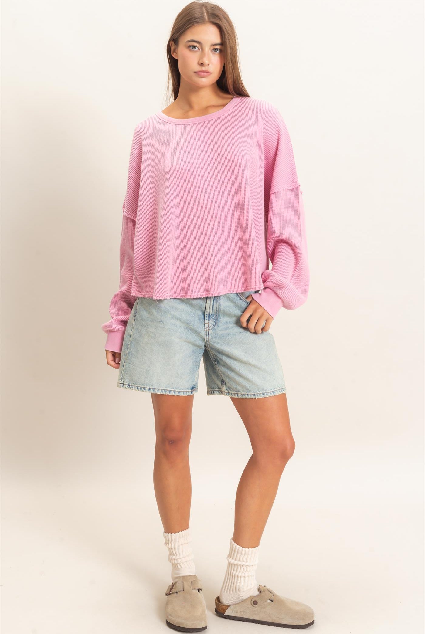 Wholesale Mineral Wash Waffle Oversized Top Clothing Tops DZ26E248 PINK DOUBLE ZERO