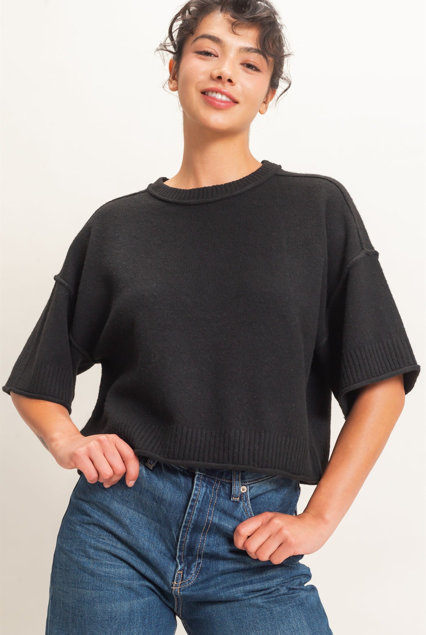 Wholesale Seam Detail Short Sleeve Knit Top Clothing Tops DZ26A827 BLACK DOUBLE ZERO