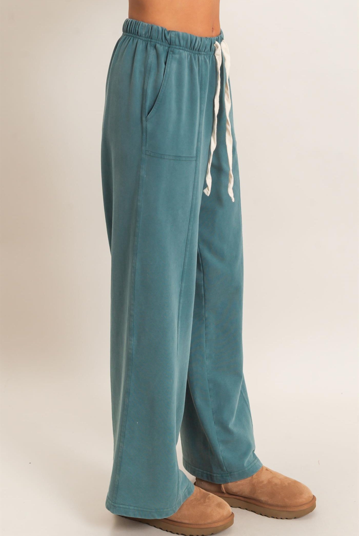 Wholesale Acid Wash Drawstring Waist Wide Leg Pants Pants DZ25A685 DARK TEAL DOUBLE ZERO