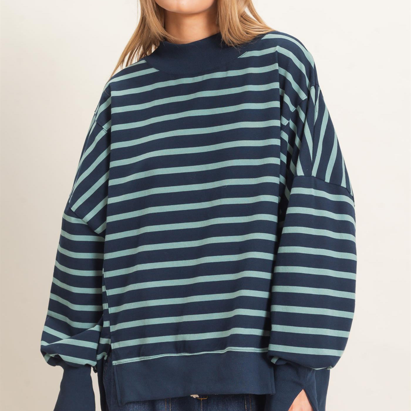 Wholesale Striped Mock Neck Sweatshirt Sweatshirts HF27A178-D NAVY/SAGE HYFVE