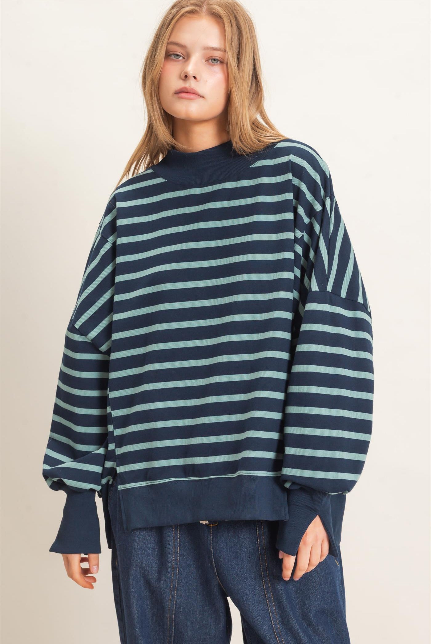 Wholesale Striped Mock Neck Sweatshirt Sweatshirts HF27A178-D NAVY/SAGE HYFVE