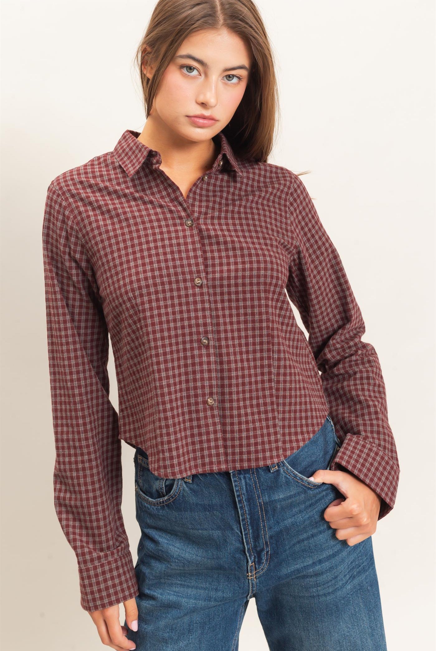 Wholesale Plaid Long Sleeve Shirt Shirts DZ26E910 BURGUNDY DOUBLE ZERO