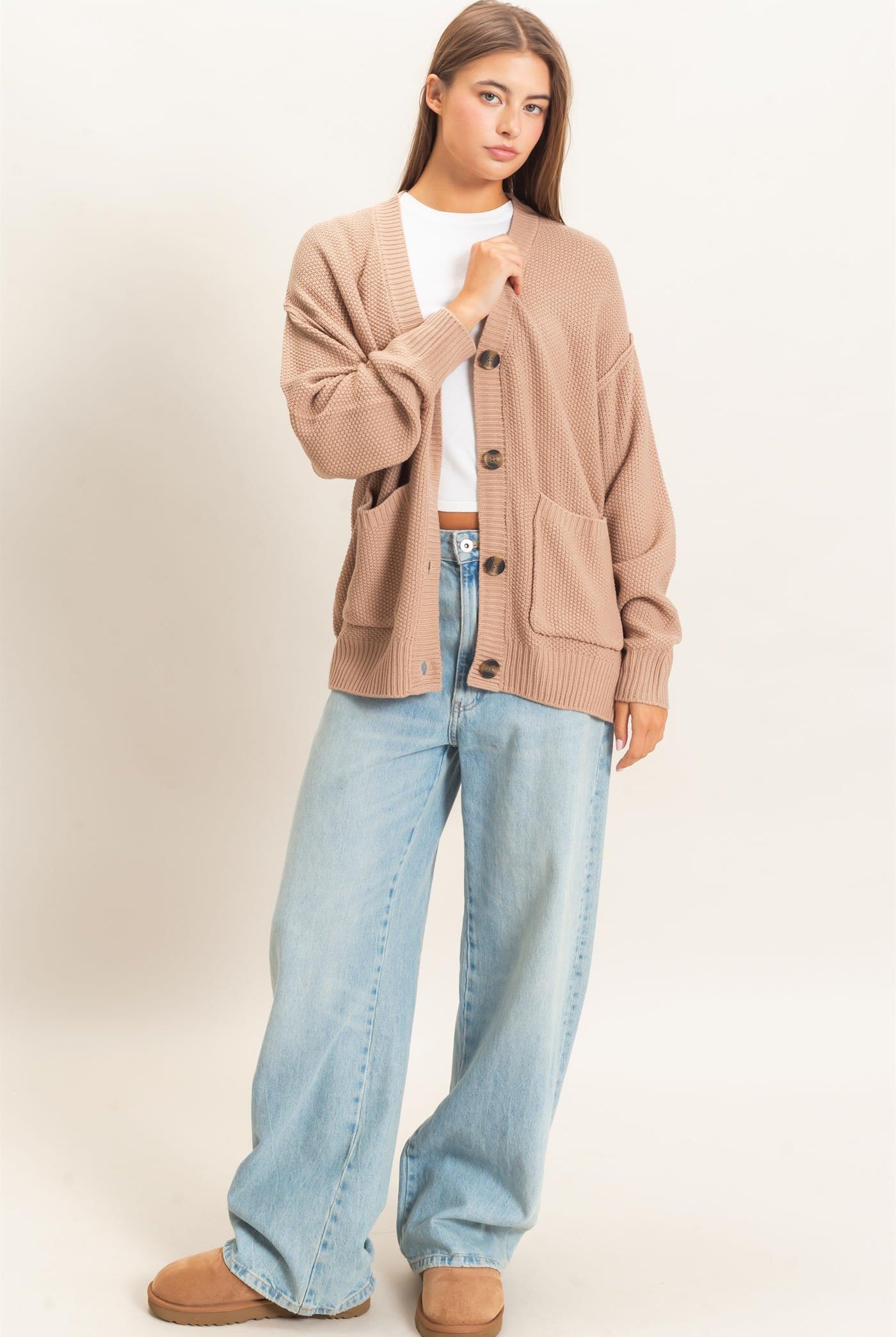 Wholesale Textured Oversized Knit Buttoned Cardigan Cardigans DZ26C971 DARK TAUPE DOUBLE ZERO