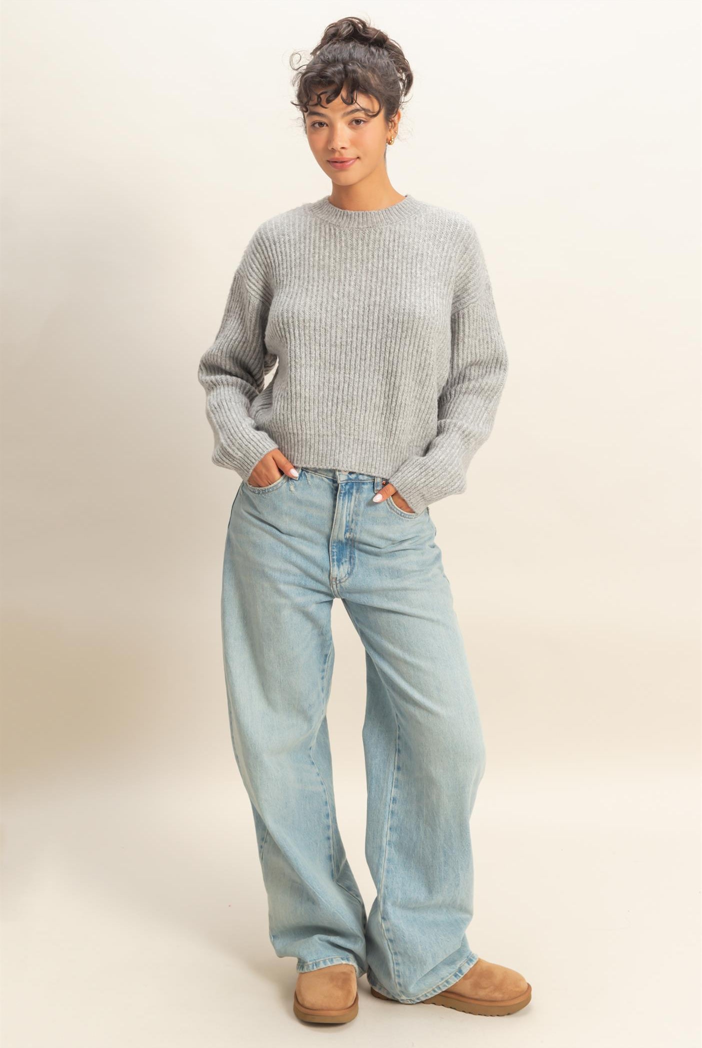 Wholesale Ribbed Crew Neck Sweater Sweaters DZ25F006 HEATHER GRAY DOUBLE ZERO