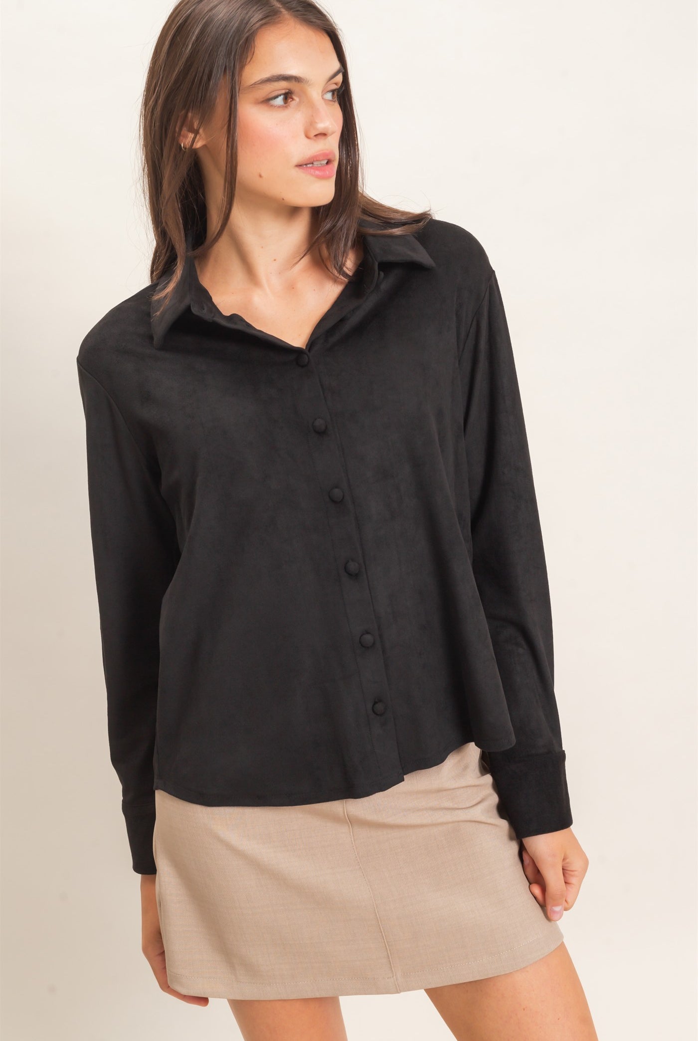 Wholesale Suede Button-Up Shirt Shirts HF26F083 BLACK HYFVE