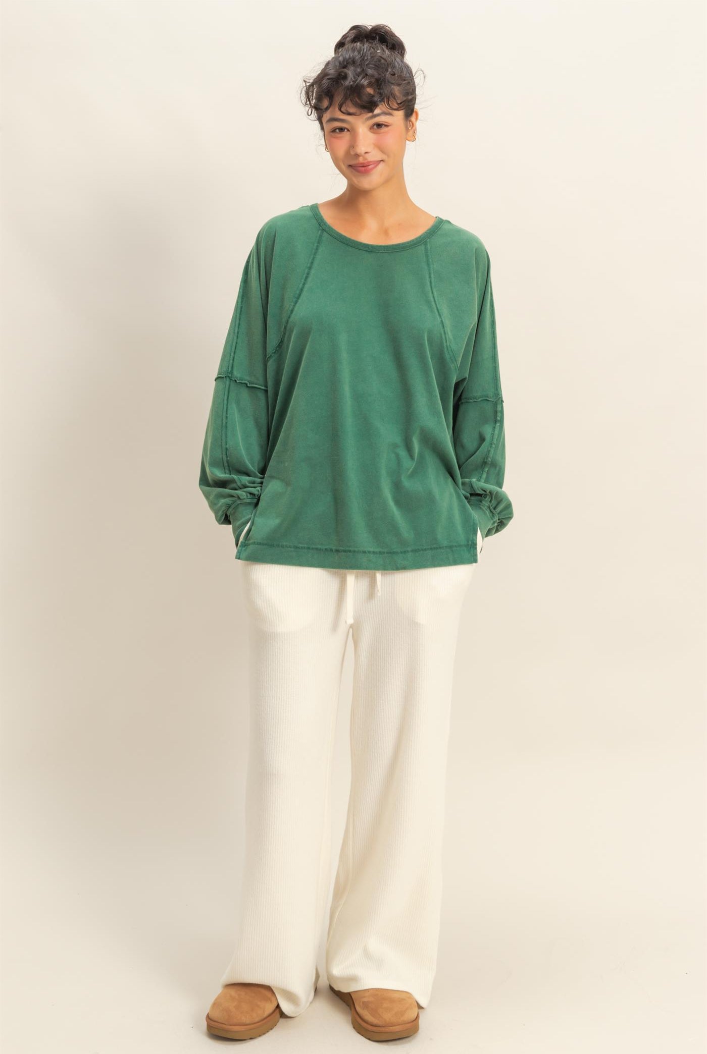 Wholesale Washed Oversized Long Sleeve Top With Slit Clothing Tops DZ25C921 DARK GREEN HYFVE