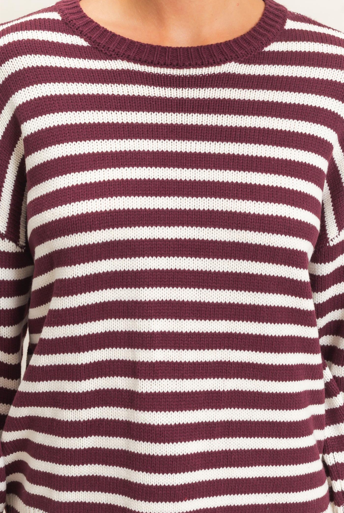 Wholesale Striped Crew Neck Sweater Sweaters DZ26E237 DARK CHERRY DOUBLE ZERO
