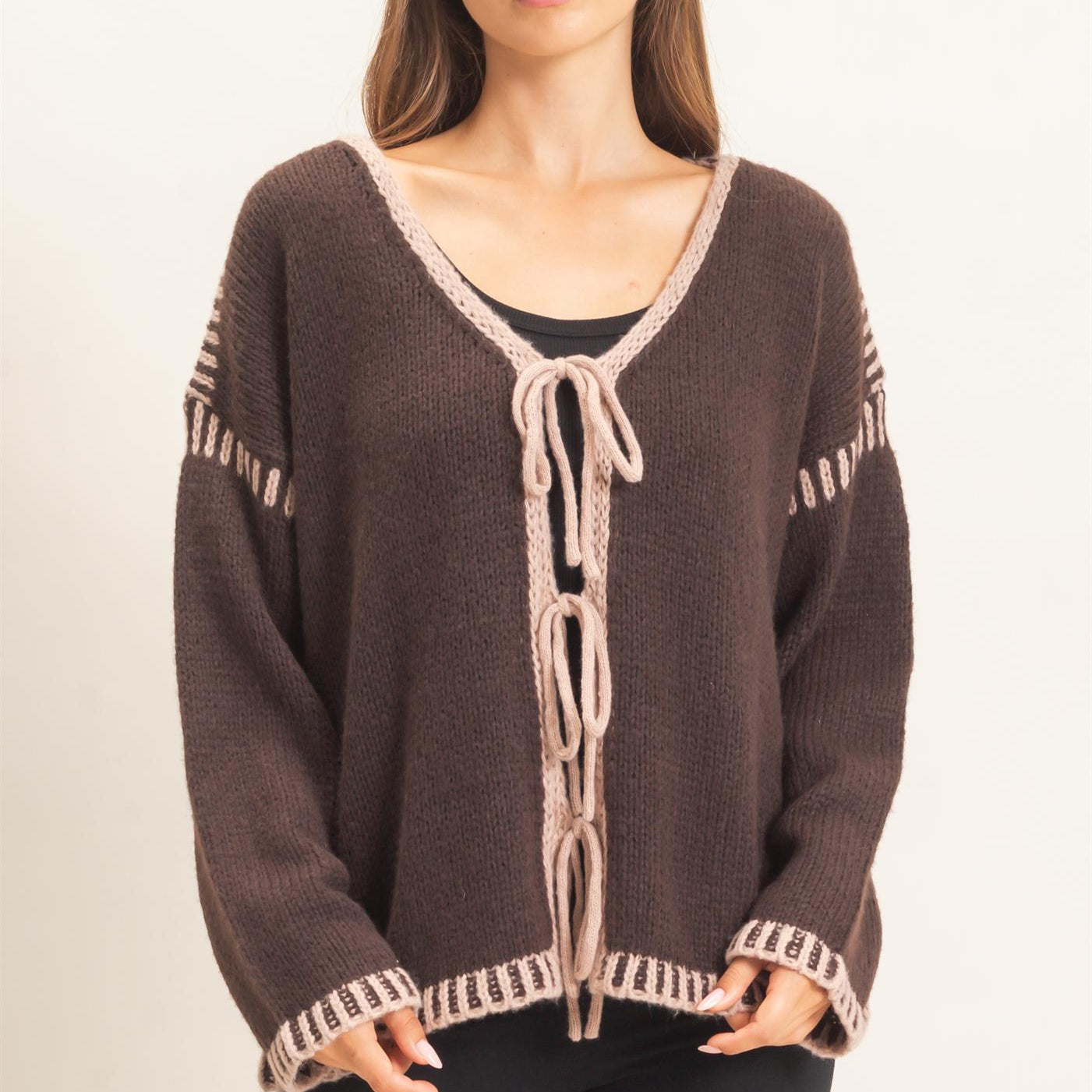 Wholesale Open Front Tie Cardigan Cardigans HF26F154 BROWN HYFVE