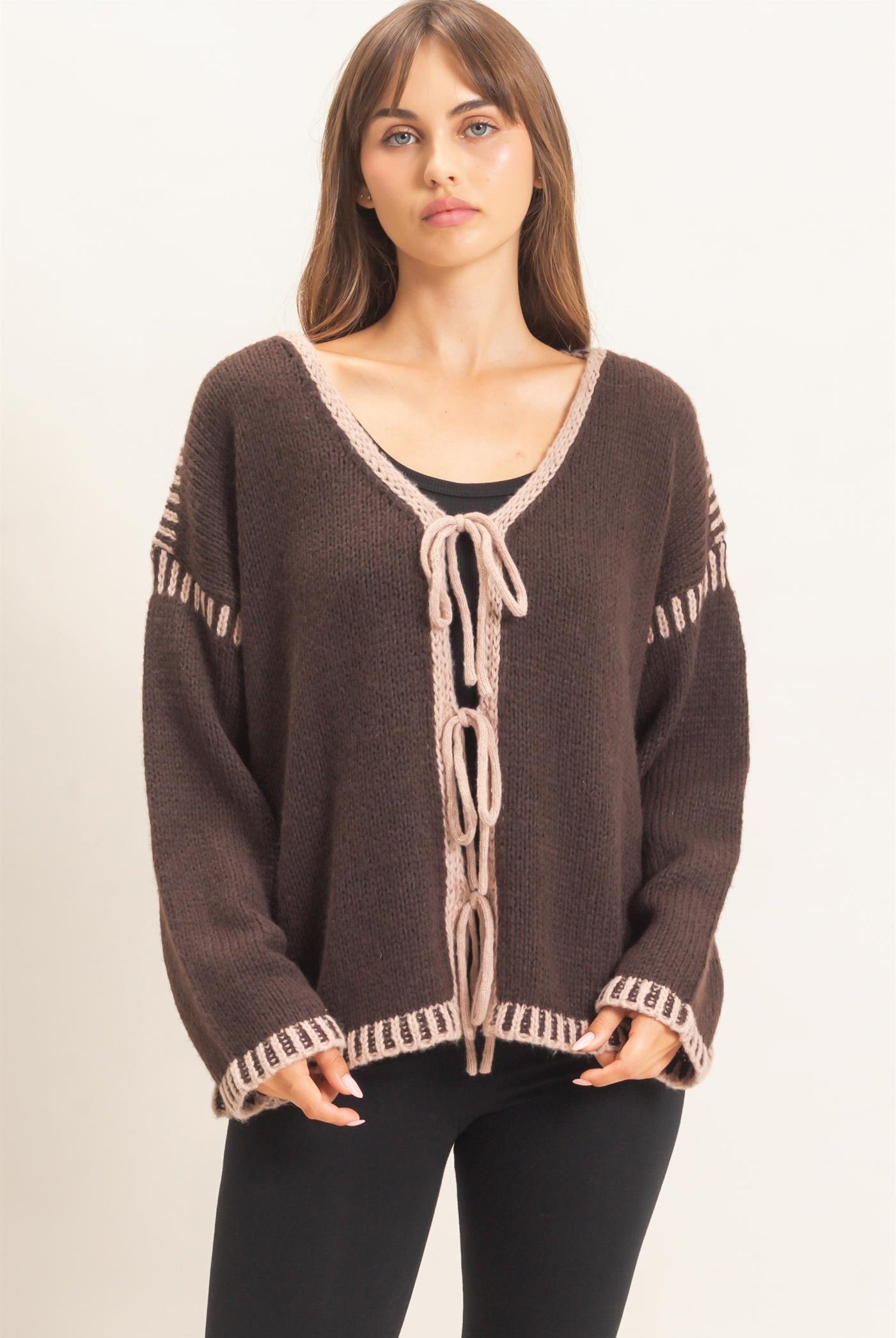 Wholesale Open Front Tie Cardigan Cardigans HF26F154 BROWN HYFVE