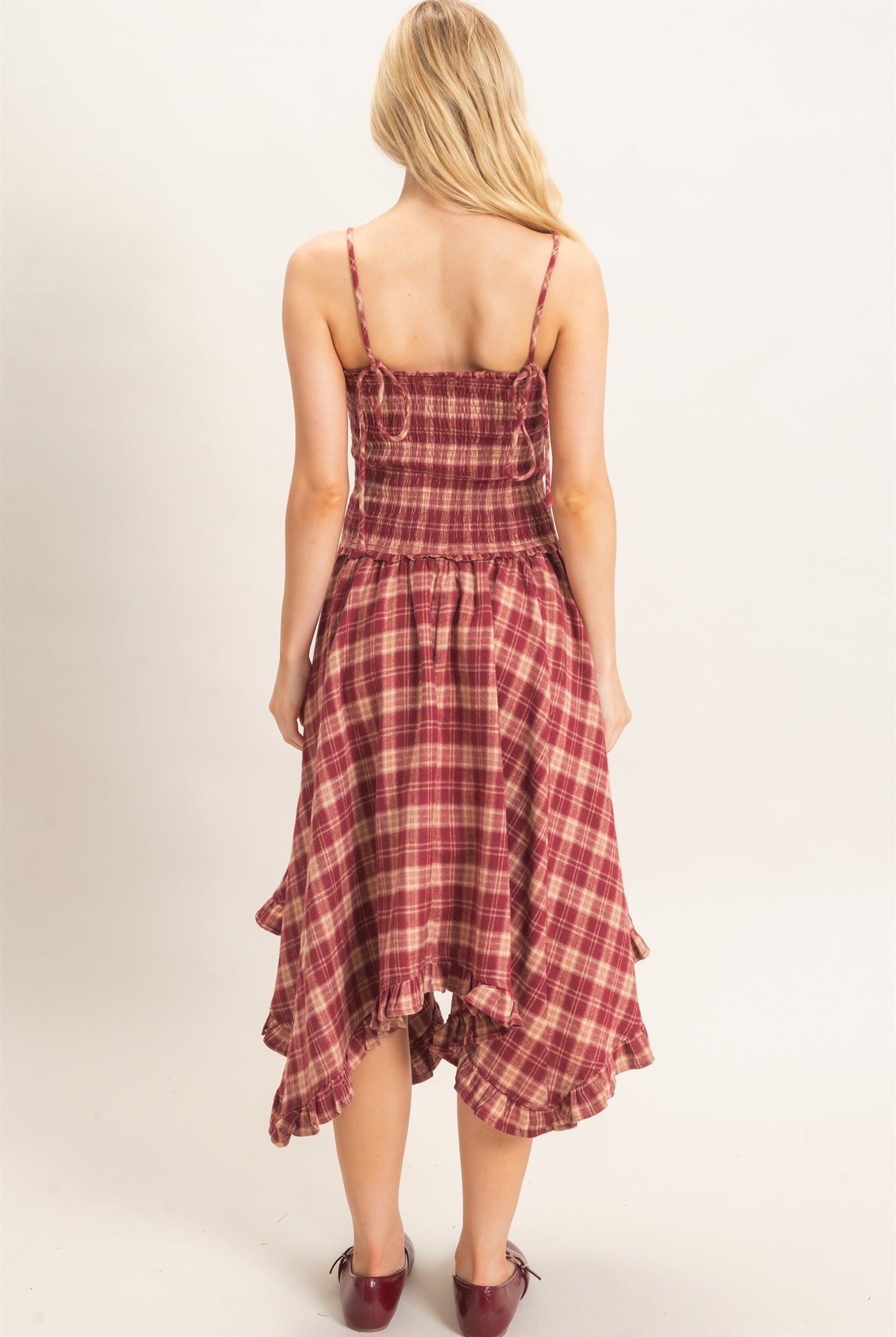 Wholesale Plaid Smocked Spaghetti Strap Dress Dresses HF26F211 BURGUNDY HYFVE