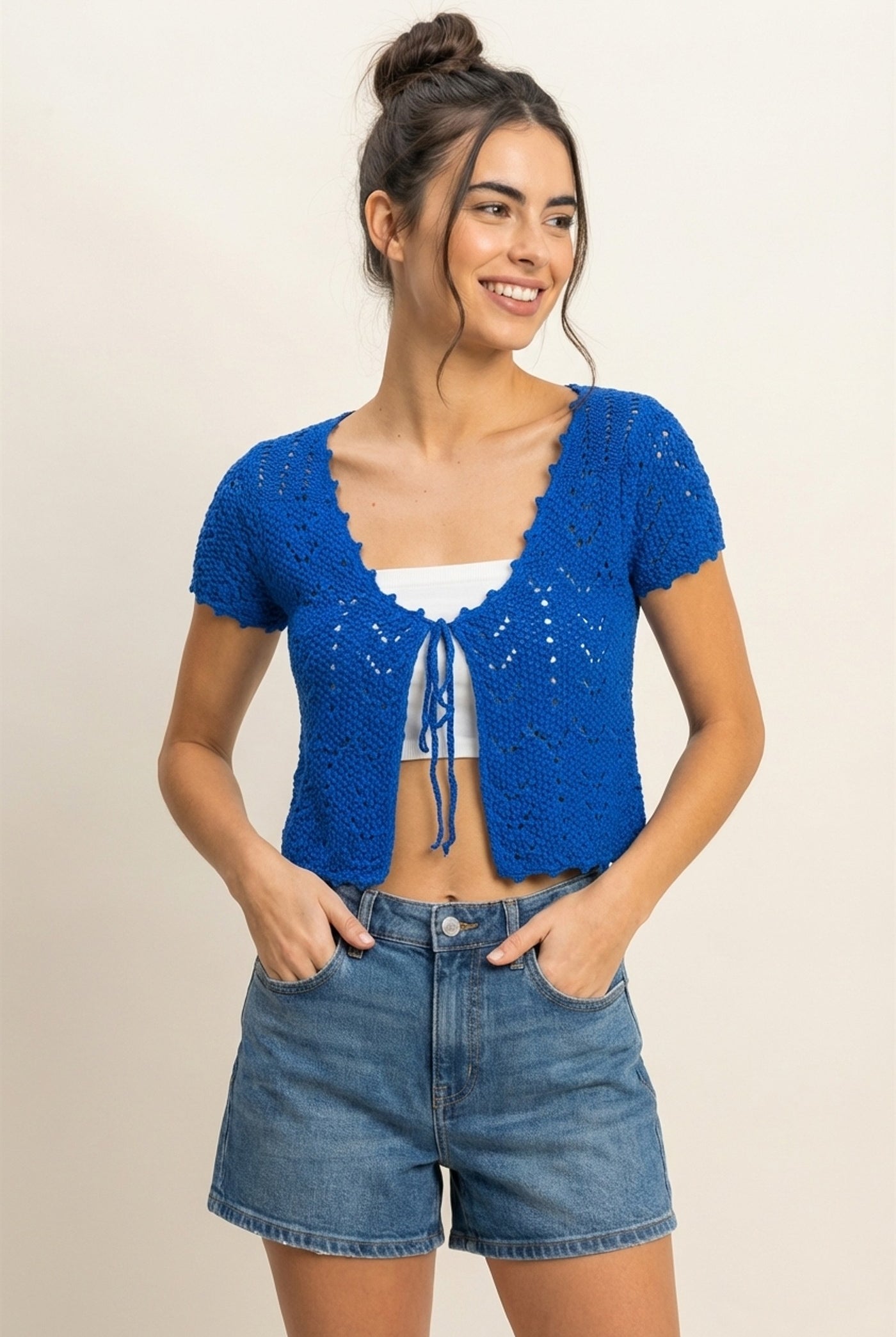 Wholesale Pointelle Tie Front Knit Cardigan Clothing Tops DZ24C268 COBALT DOUBLE ZERO