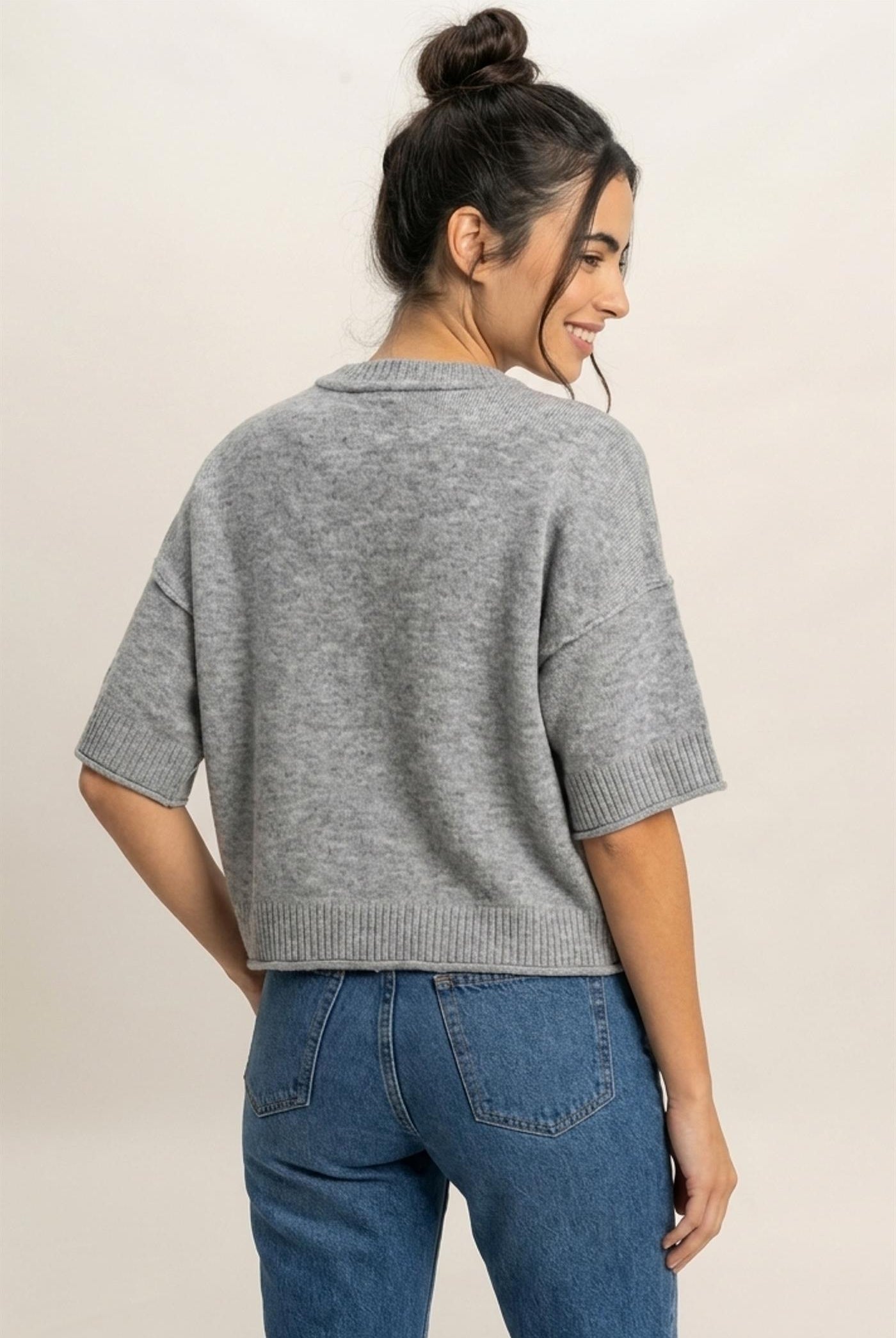 Wholesale Seam Detail Short Sleeve Knit Top Clothing Tops DZ26A827 HEATHER GRAY DOUBLE ZERO
