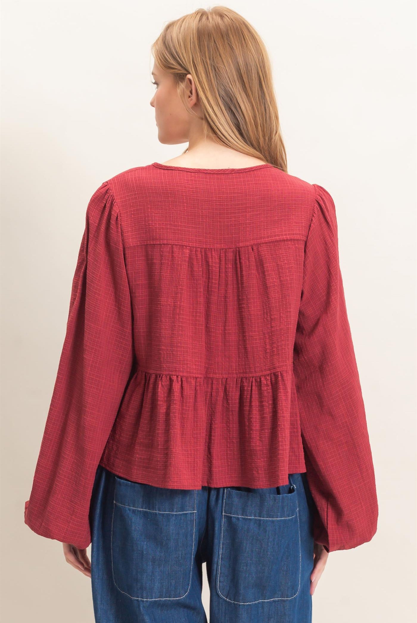 Wholesale Tie Front Peplum Blouse Blouses HF26F065 BURGUNDY HYFVE