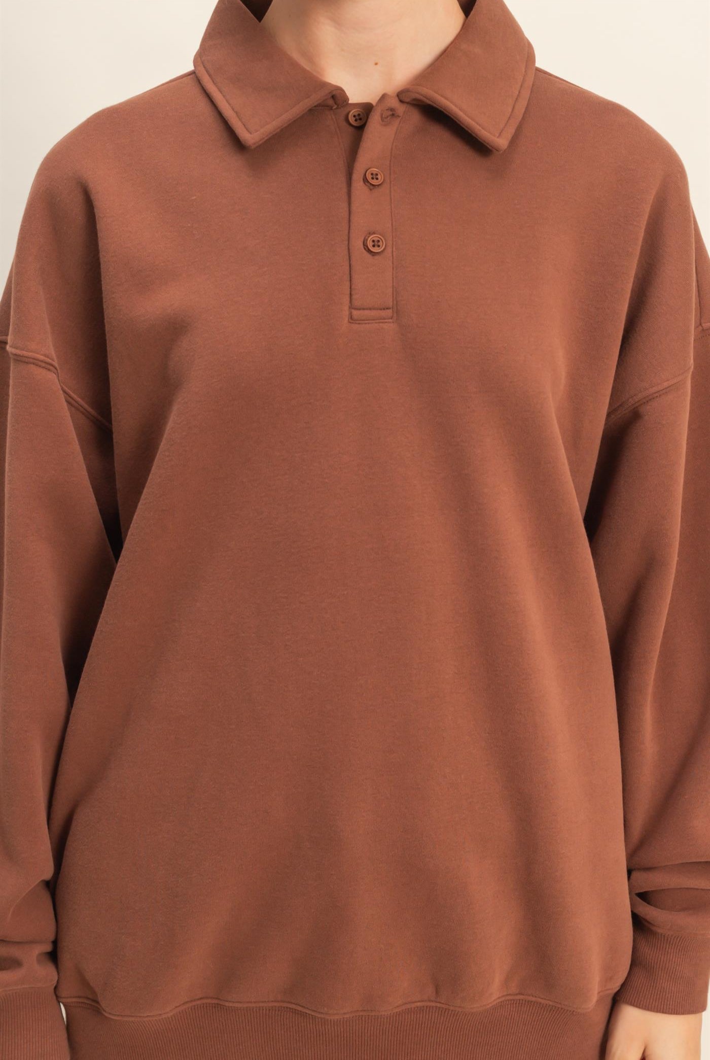 Wholesale Oversized Polo Collared Pullover Sweatshirts DZ25F074 CHESTNUT DOUBLE ZERO