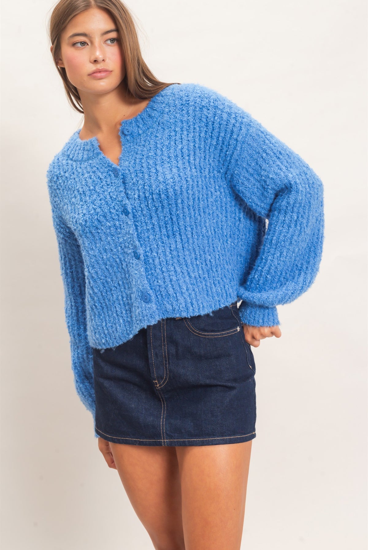 Wholesale Boucle Knit Button Front Cardigan Cardigans DZ26E270 BLUE DOUBLE ZERO