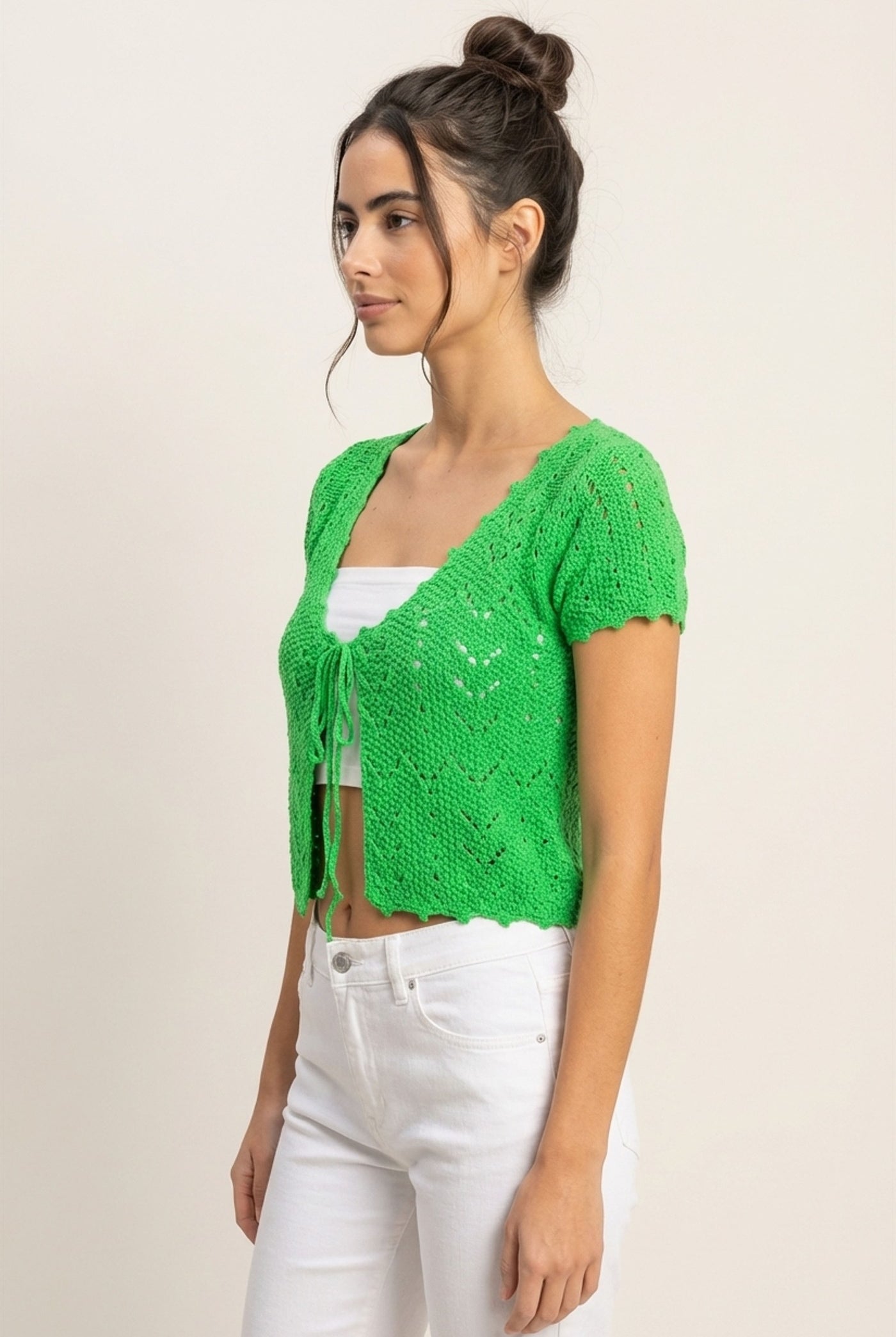 Wholesale Pointelle Tie Front Knit Cardigan Clothing Tops DZ24C268 GREEN DOUBLE ZERO