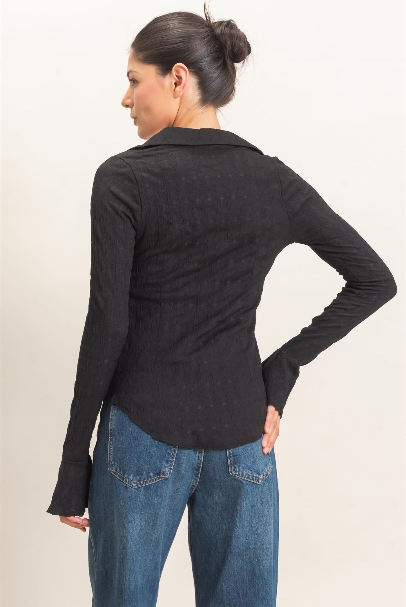 Wholesale Textured Button-Up Collared Top Shirts HF26E062 BLACK HYFVE