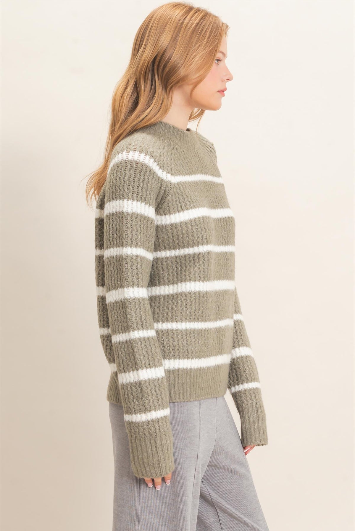 Wholesale Textured Striped Mock Neck Sweater Sweaters HF26E765 OLIVE HYFVE