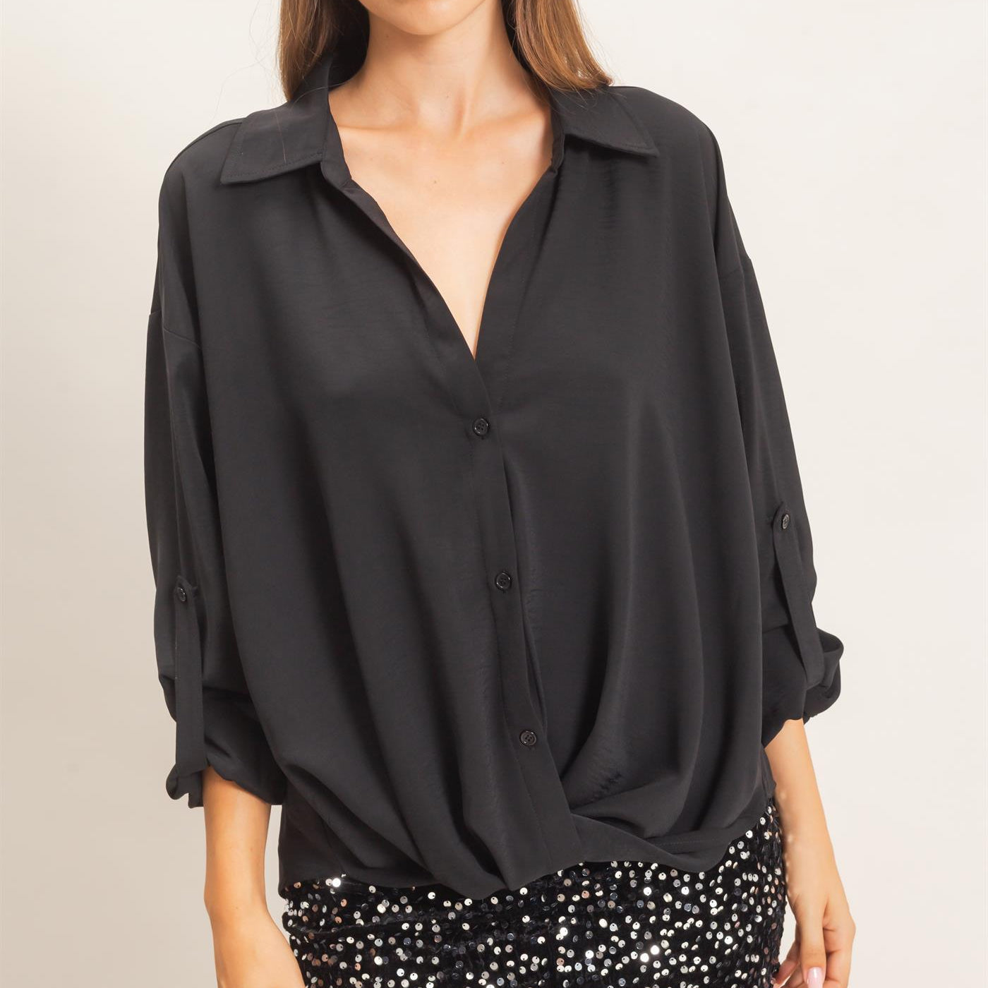 Wholesale Button-Up Dolman Sleeve Top Shirts HF26F070 BLACK HYFVE