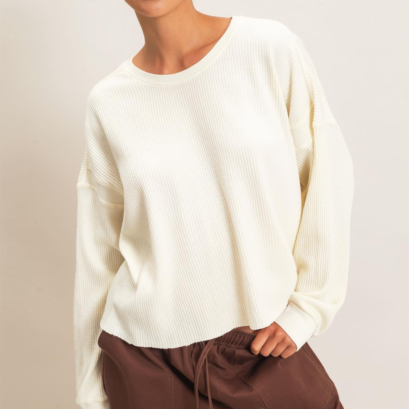 Wholesale Mineral Wash Waffle Open Back Top Clothing Tops DZ26C964 CREAM DOUBLE ZERO