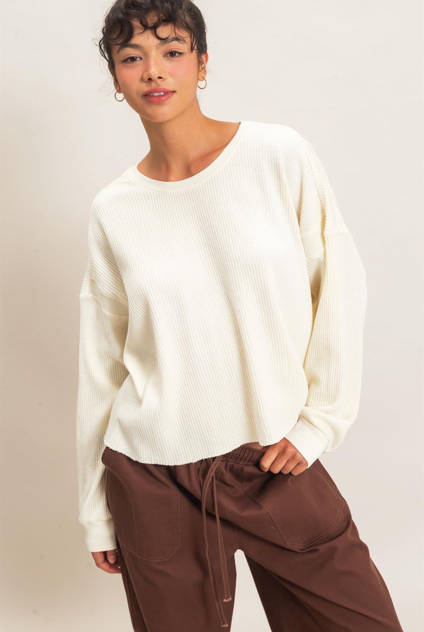 Wholesale Mineral Wash Waffle Open Back Top Clothing Tops DZ26C964 CREAM DOUBLE ZERO