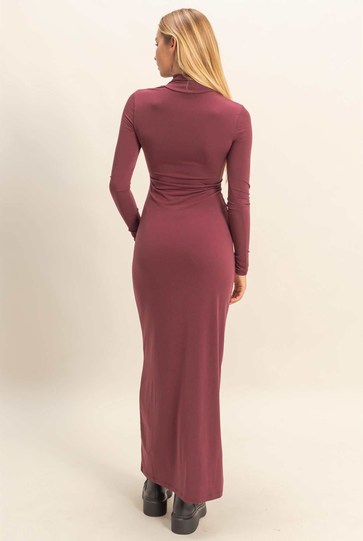 Wholesale Turtleneck Long Sleeve Maxi Dress Dresses DZ25F129 DARK CHERRY DOUBLE ZERO