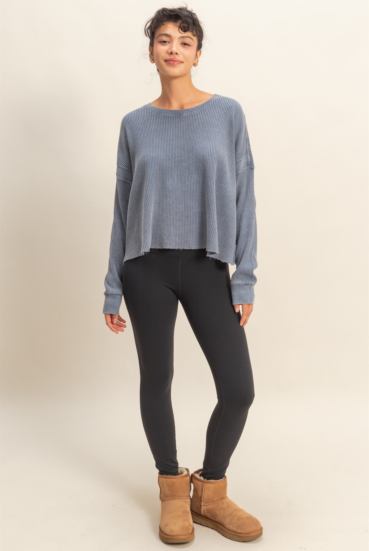 Wholesale Open Back Textured Knit Long Sleeve Top Clothing Tops DZ26A626 DUSTY NAVY DOUBLE ZERO