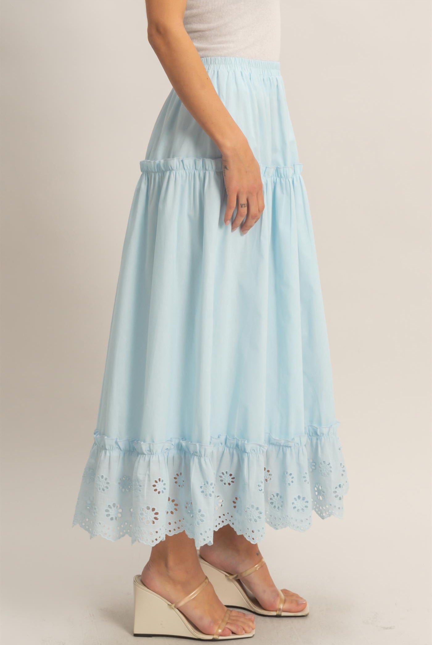 Wholesale Tiered Eyelet Maxi Skirt Skirts HF26C313 LIGHT BLUE HYFVE