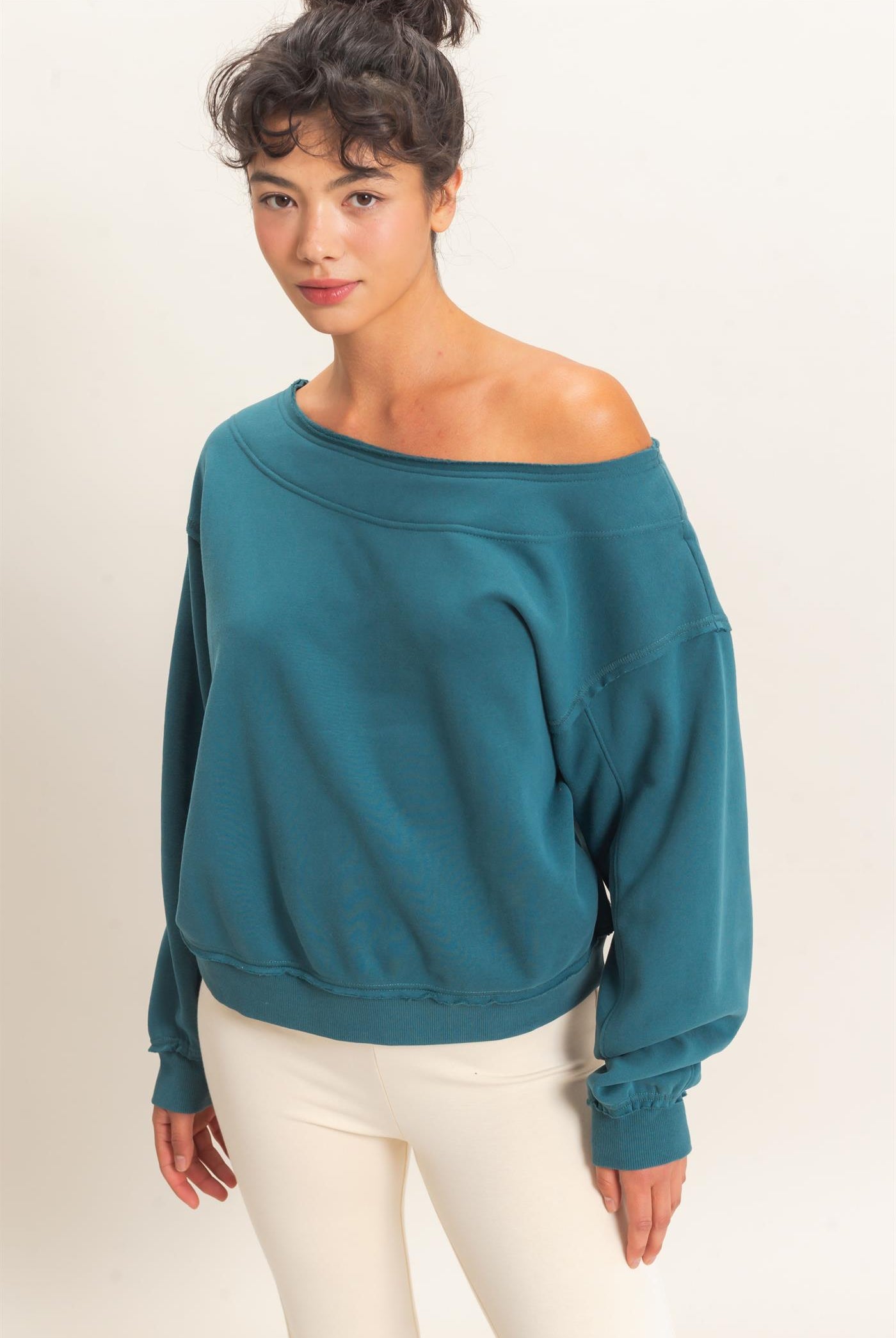 Wholesale Off Shoulder Sweatshirt Sweatshirts DZ26C880 DARK TEAL DOUBLE ZERO