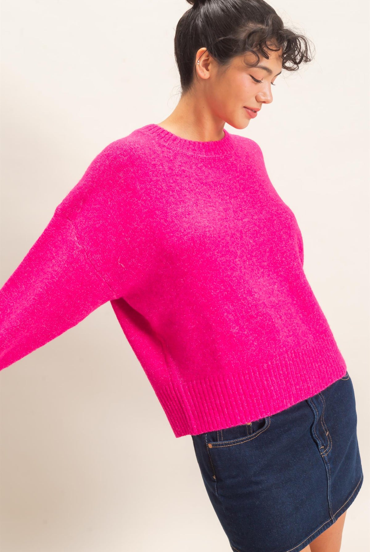 Wholesale Relaxed Fit Crew Neck Sweater Sweaters DZ26E956 FUCHSIA DOUBLE ZERO