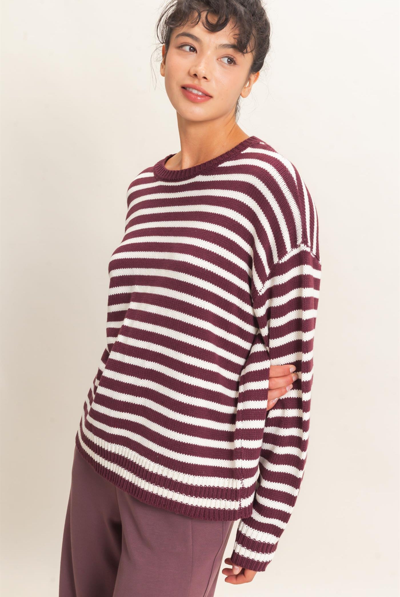Wholesale Striped Crew Neck Sweater Sweaters DZ26E237 DARK CHERRY DOUBLE ZERO