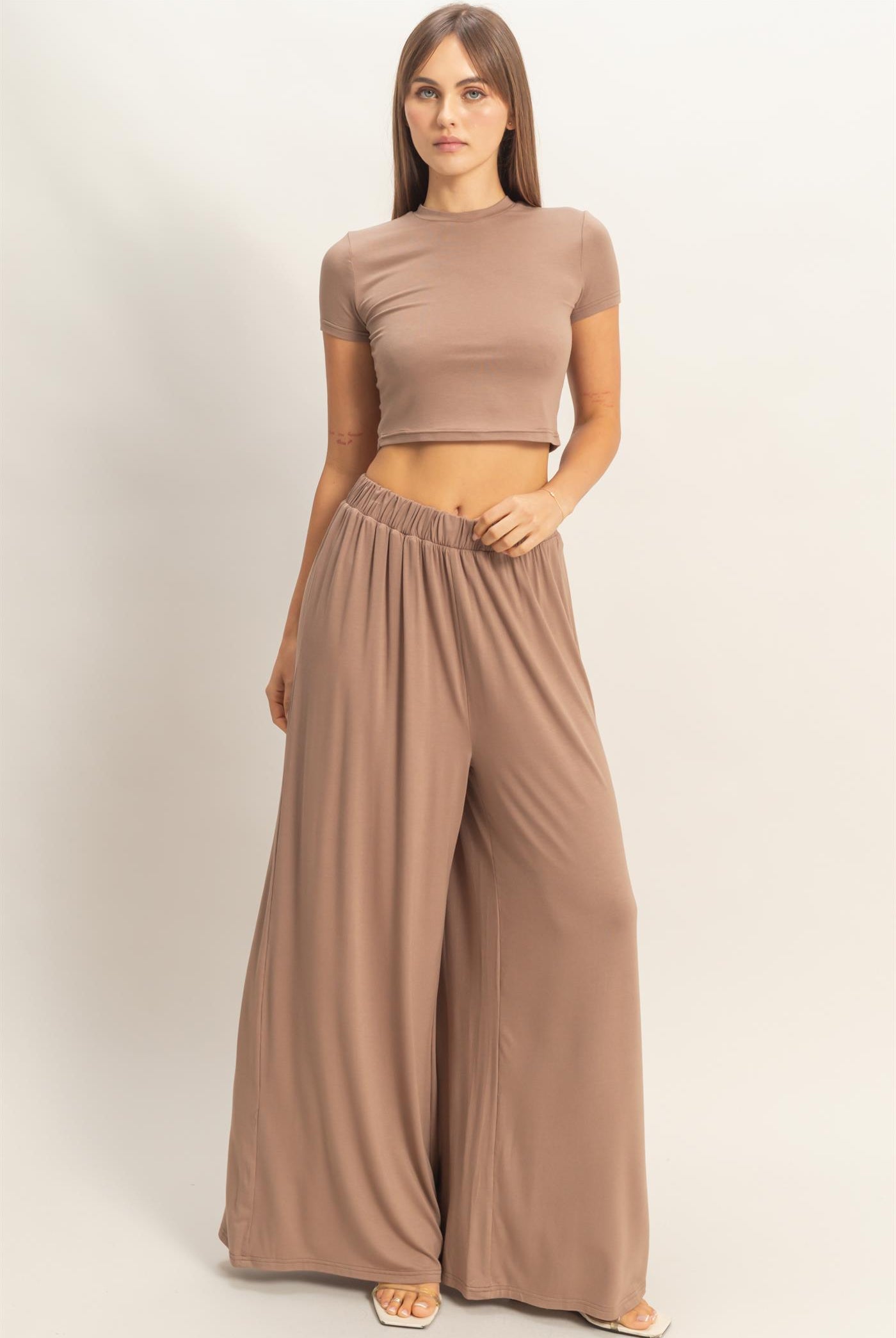 Wholesale Short Sleeve Top & Wide Leg Pants Set Clothing HF26C310-SET-D D.TAUPE HYFVE